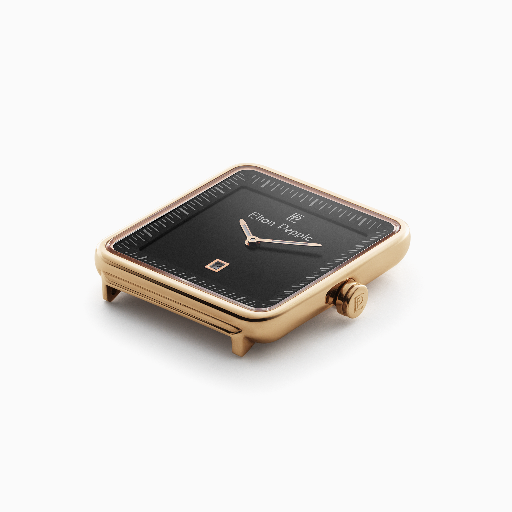 Modern Montclare features a sleek black stick dial and rectangular rose gold case