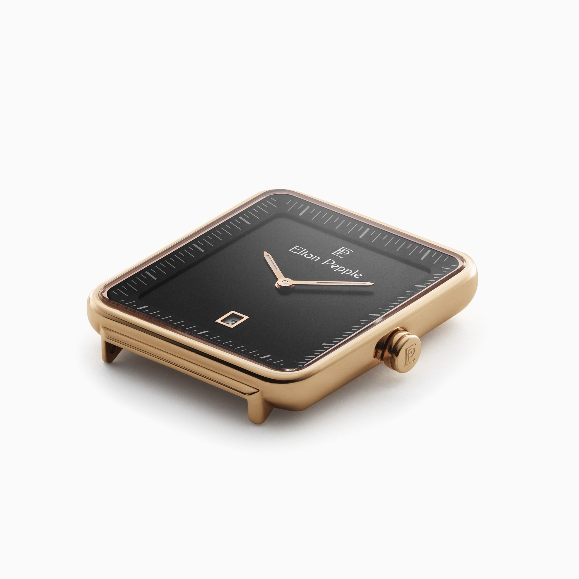  Modern North features a black stick dial and rectangular rose gold case